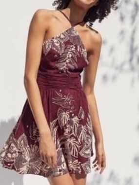 Urban Outfitters One-Shoulder Burgundy Floral Fit & Flare Dress